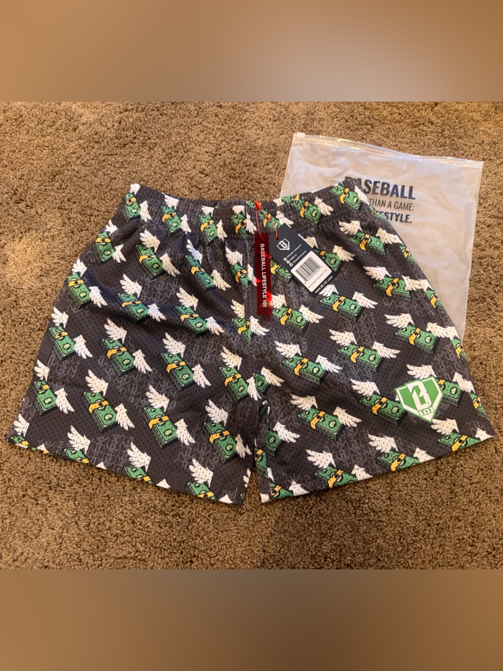 Baseball Lifestyle Youth XL Gray Printed Shorts - Money Wing Print